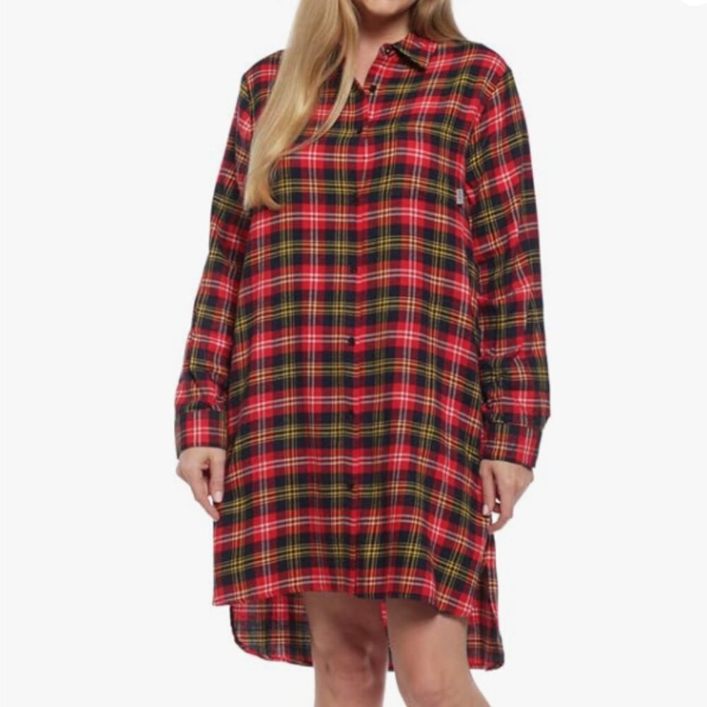 DKNY Flannel Sleep Shirt Womens Large Red Plaid Cotton Button Cuff Nightshirt